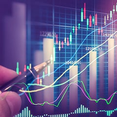 A graphical representation of biostatistics, with graphs and charts and a person pointing at these charts with a pen.