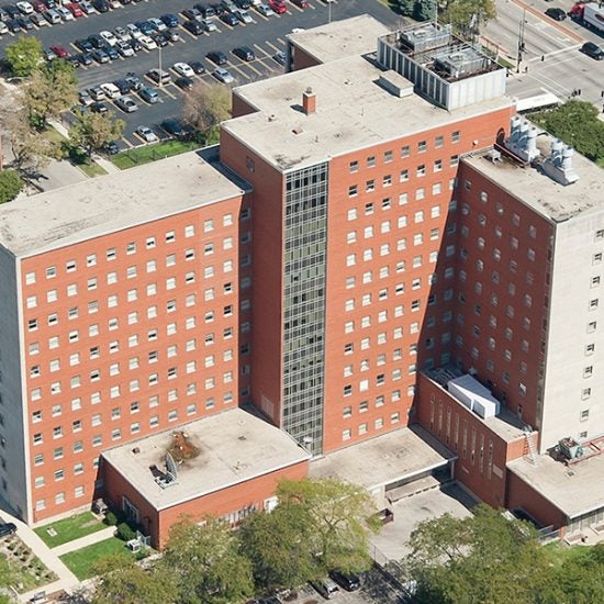 An aerial view of the School of Public Health building on UIC's health sciences campus.