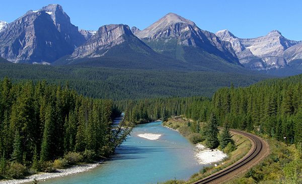 The Bow River near Calgary winds its way through the Canadian Rocky Mountains.