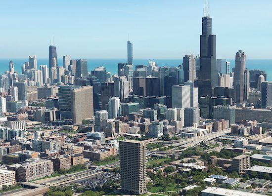 An aerial view of the Chicago skyline, with UIC's east campus in the foreground.