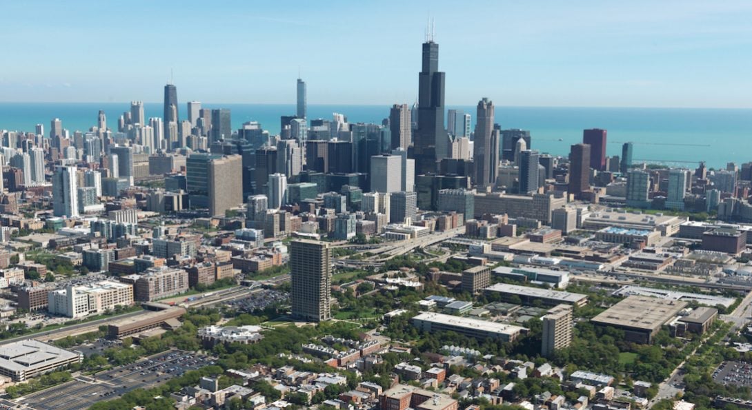 An aerial view of Chicago's skyline, with UIC's east campus in the foreground.