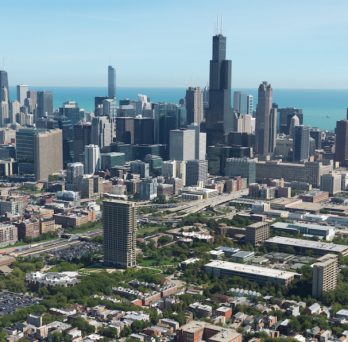 UIC's campus, with the Chicago skyline in the background. 