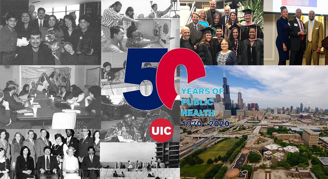 A montage of historical pictures from the School of Public Health, showing old graduating classes and work taking place in Chicago communities.  To the right of the historical images is the School's 50th anniversary logo.