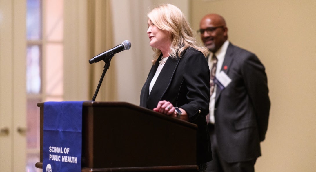 Alumna Denise Oleske speaks at the Founders Circle and Legacy Society reception before the 50th Anniversary Kick-off event.