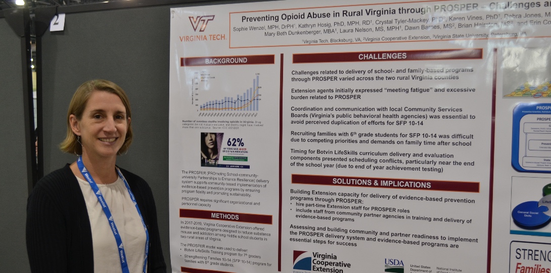 Alumna Sophie Wenzel from the DrPH program presents a research poster on strategies for combatting the opioid epidemic in western Virginia.