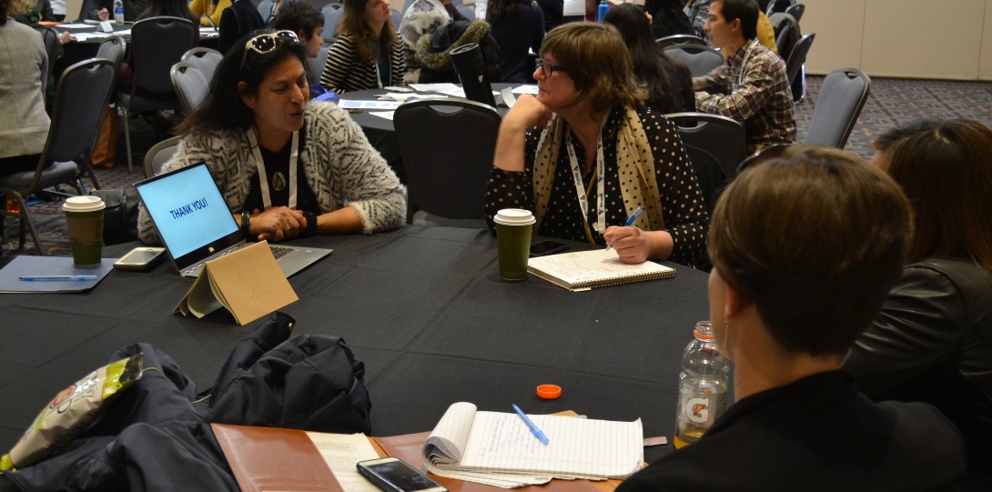 SPH's Perla Chebli, PhD in Community Health Sciences student, Erica D. Seltzer, MPH '00 and Angela Odoms-Young, PhD, with the Institute for Health Research and Policy are leading a table discussion interactive health games for adults at APHA 2019.