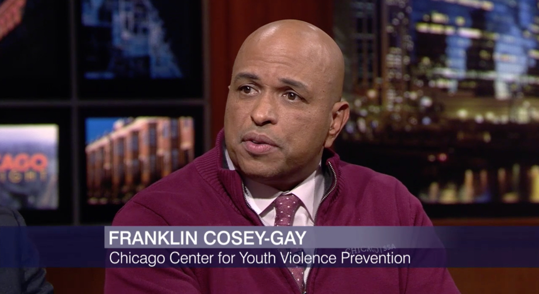 A screenshot of alumnus Franklin Cosey-Gay speaking during the live recording of Chicago Tonight.