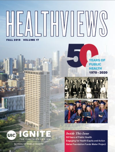 The cover of the Healthviews magazine, showing an aerial view of the UIC campus with the Chicago skyline in the background.