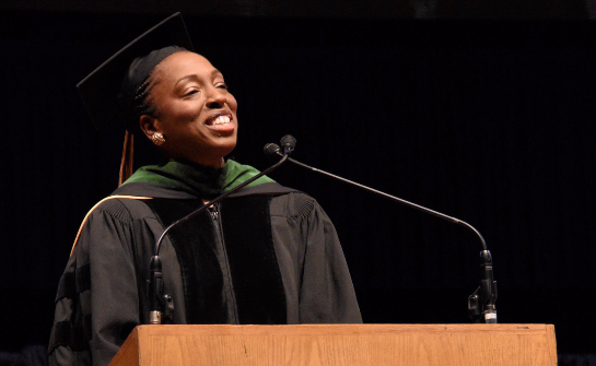 Dr. Ngozi Ezike, Director of the Illinois Department of Public Health, delivers the keynote address at the School of Public Health's 2019 Commencement ceremony.
