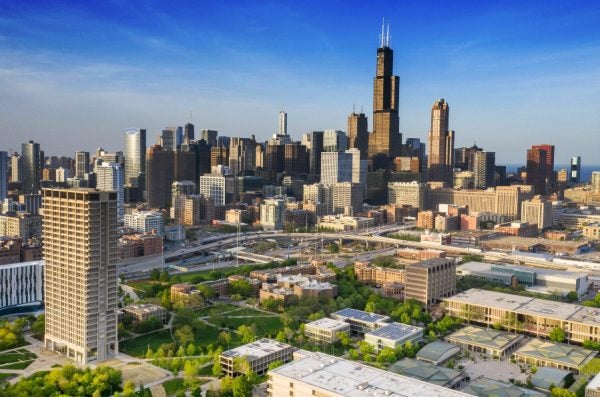 An aerial view of UIC's east campus, with the Chicago loop in the background.