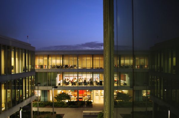 A view of UIC's Douglas Hall on east campus at night.