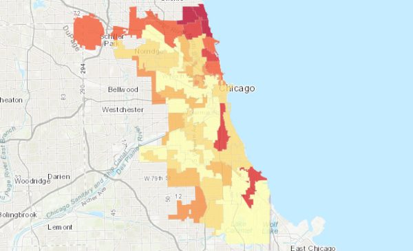 A map showing shaded neighborhood areas of Chicago.
