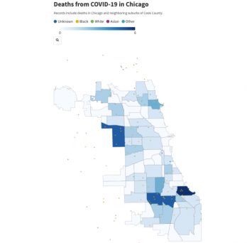 A map showing COVID-19 deaths in Chicago by neighborhood area and by race.
                  