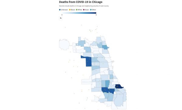 A map showing COVID-19 deaths in Chicago by neighborhood area and by race.