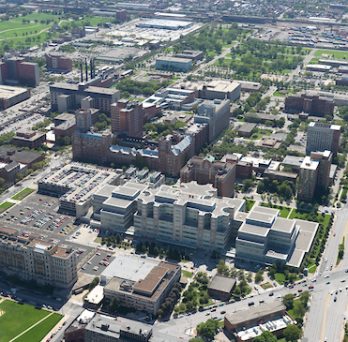 An aerial view of UIC's health sciences campus. 