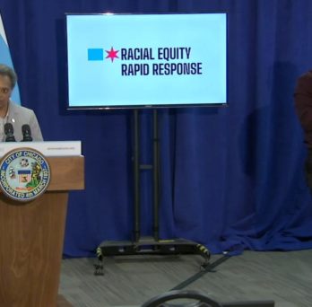Mayor Lori Lightfoot addresses issues of racial equity at a COVID-19 press conference.
                  