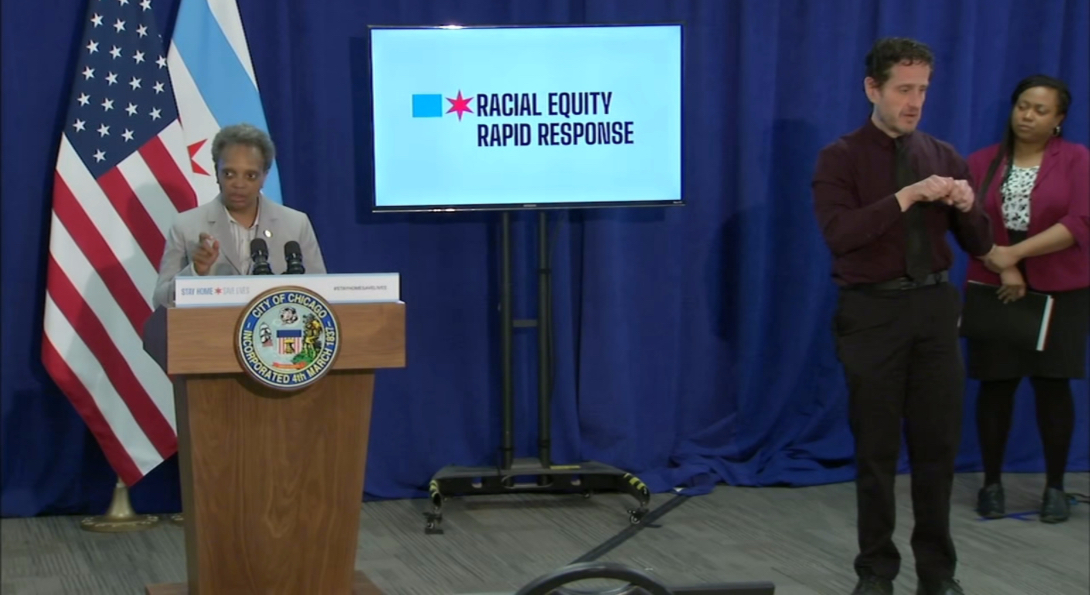 Mayor Lori Lightfoot addresses issues of racial equity at a COVID-19 press conference.