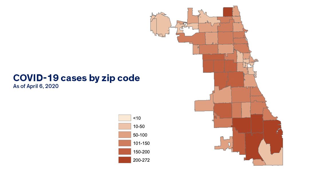 Map showing the density of COVID-19 cases by zip code.