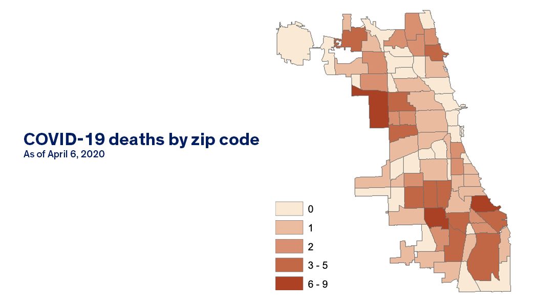 Map showing COVID-19 deaths by zip code in Chicago.