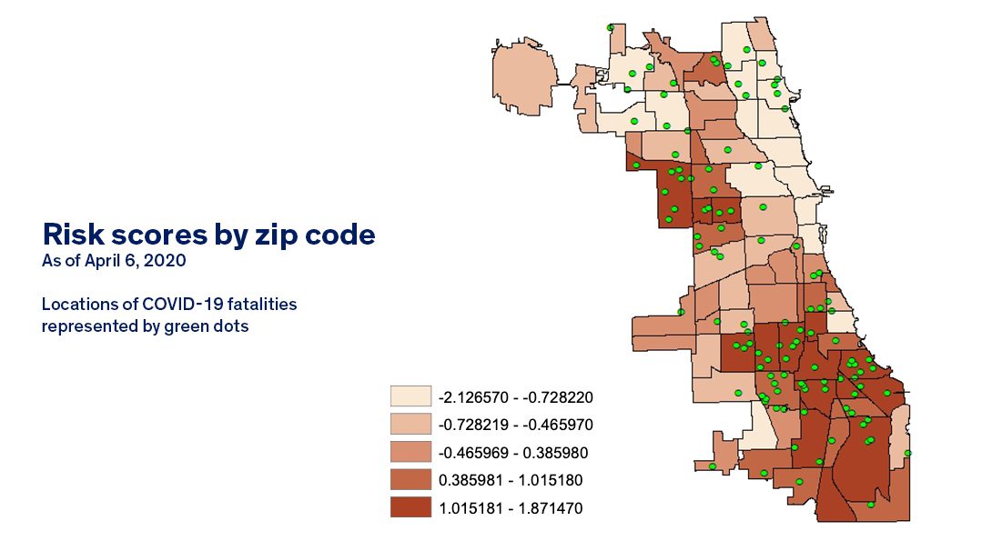Map showing the prevalence of health risk factors and COVID-19 deaths by zip code in Chicago.