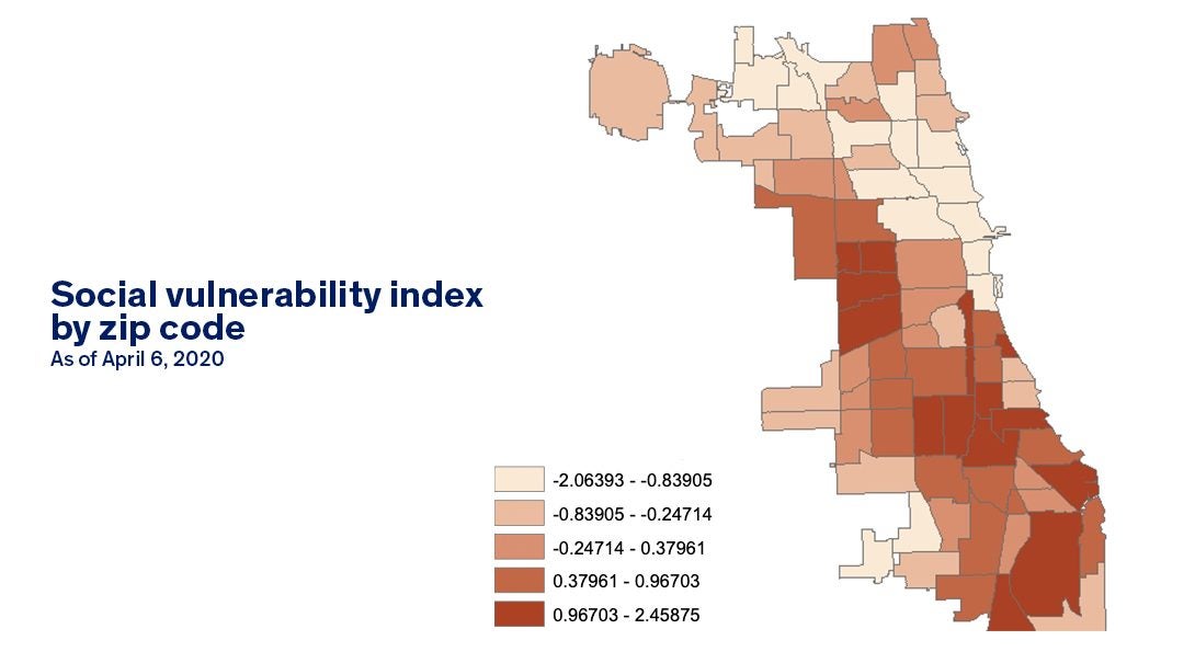 Map showing social vulnerability index scores by zip code in Chicago.