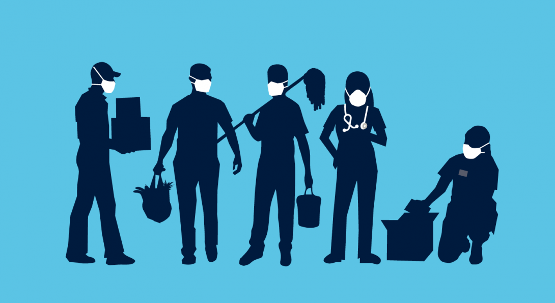 Illustration of a variety of workers engaged in work, all wearing face masks. 