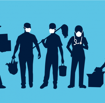 Illustration of a variety of workers engaged in work, all wearing face masks. 
                  