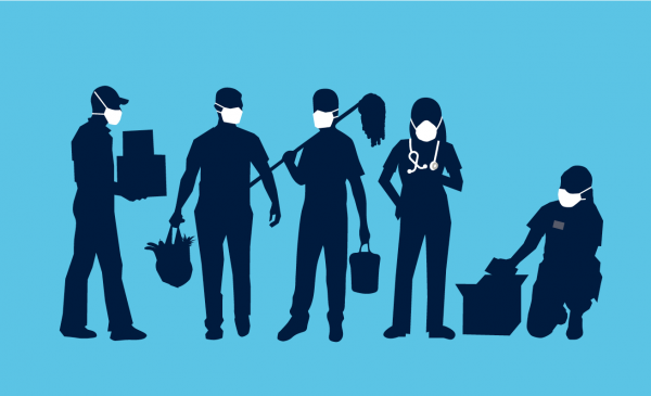 Illustration of a variety of workers engaged in work, all wearing face masks. 