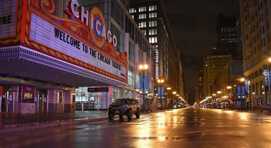 State Street in Chicago is dark and devoid of traffic during the COVID-19 shelter-in-place.