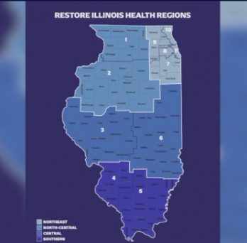 A map of Illinois, broken into five regions for reopening as part of the Restore Illinois plan. 