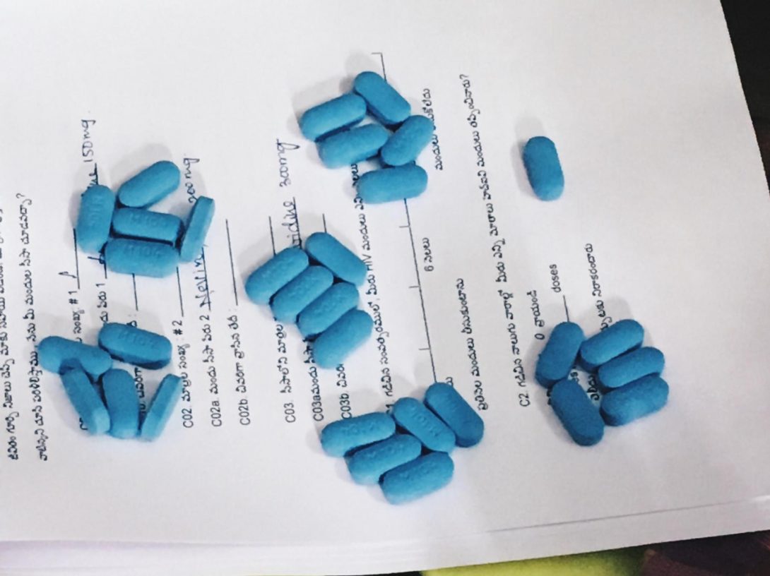 photo 1. The questionnaire and ART pills for pill counts when we piloted the questionnaire with peer educators.