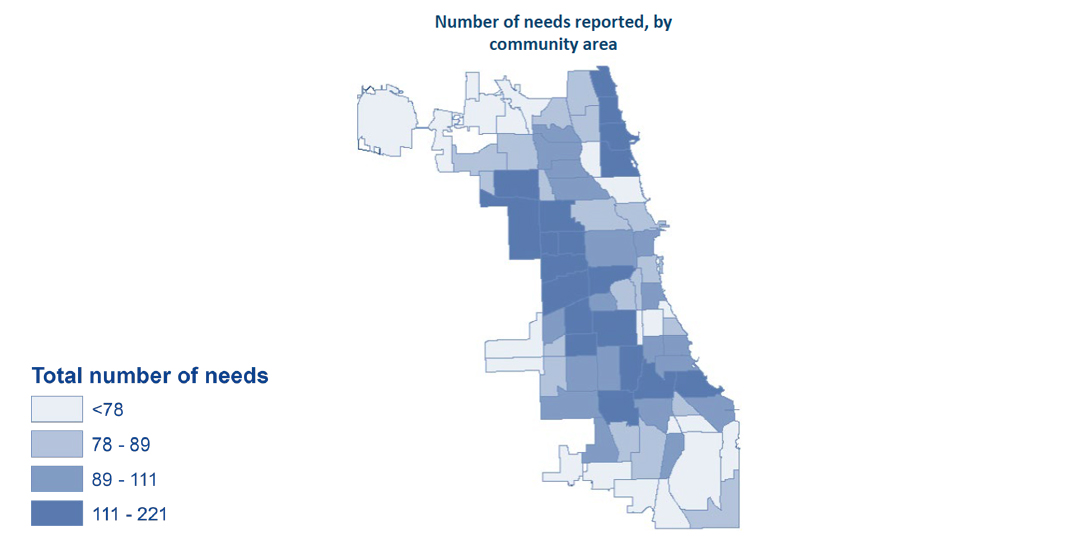 A map showing the total number of COVID-19 related needs reported to community-based organizations, by community area.