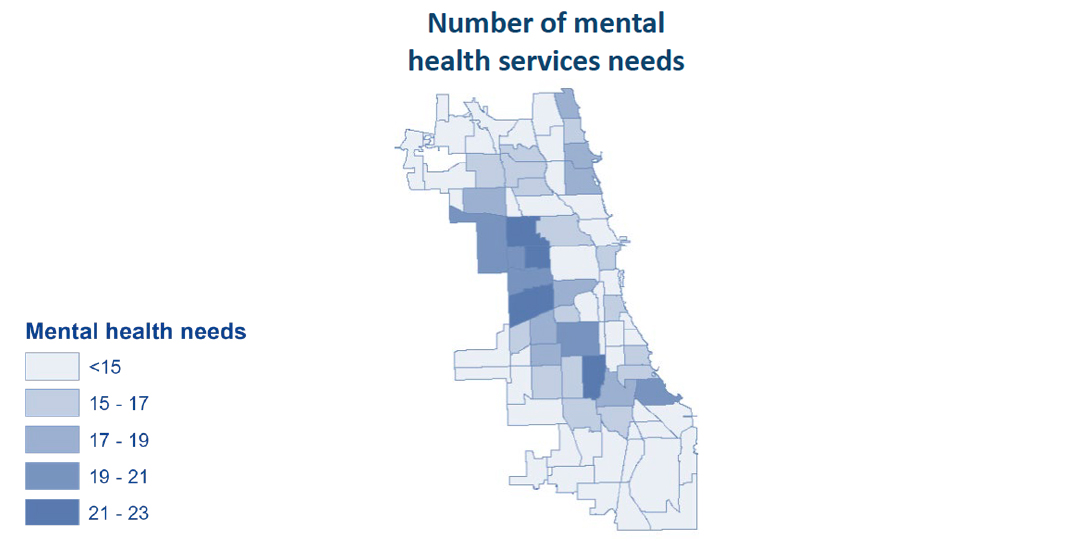 A map showing the number of mental health service needs reported in each Chicago community area.