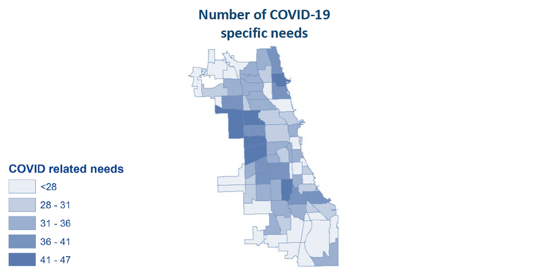 A map showing the number of COVID-19 specific needs reported in each Chicago community area.