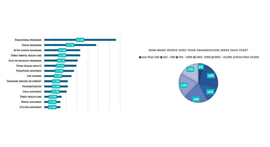 Two charts showing the types of services provided and the number of people served by community organizations.  An accessible version of both charts is linked below this text box.