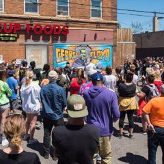 Image of a protesters gathering at the George Floyd memorial site in Minneapolis.