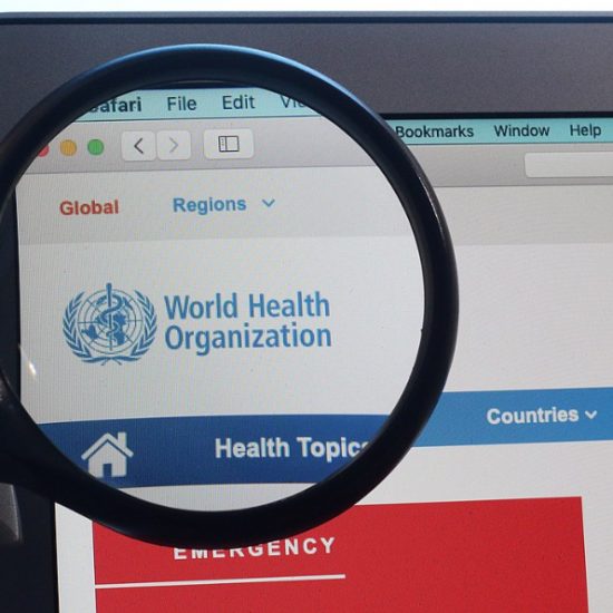 A screenshot of the World Health Organization website, with the agency's logo highlighted by a magnifying glass.