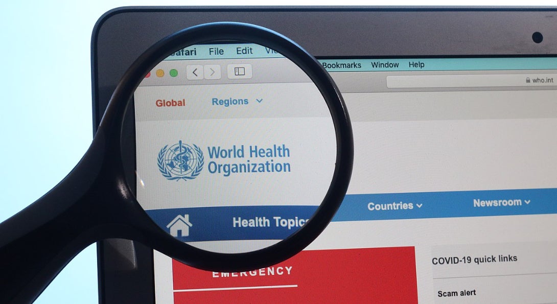 A screenshot of the World Health Organization website.