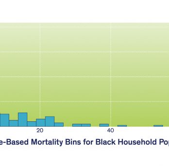 A graph showing distribution of mortality per ZIP code for Black household population in Chicagoland (as of July 1, 2020).
                  