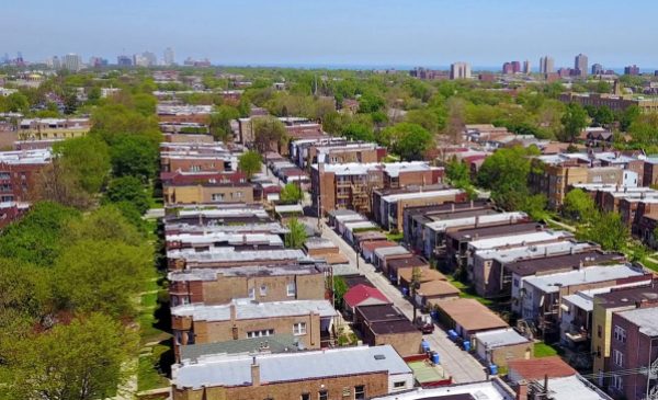 An aerial view of homes in a Chicago south side neighborhood