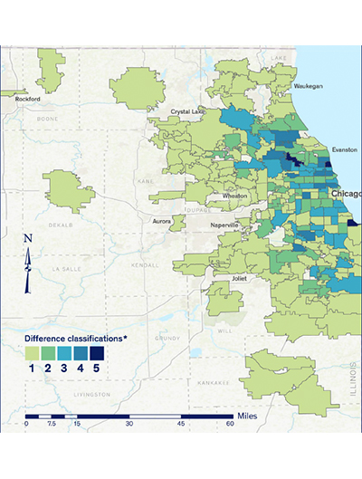 A map showing difference classification COVID-19 fatalities in Chicago by zip code.
