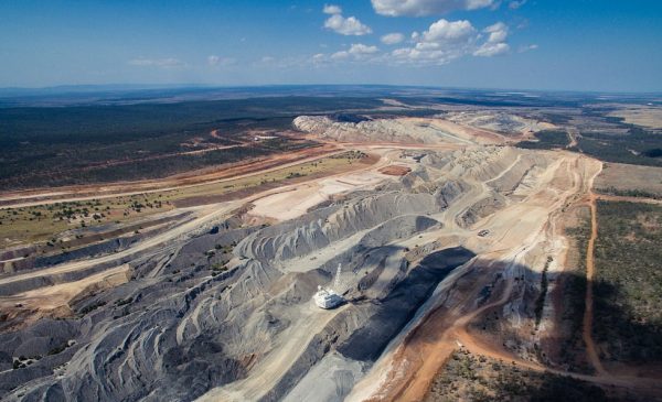 An aerial view of a strip coal mine.