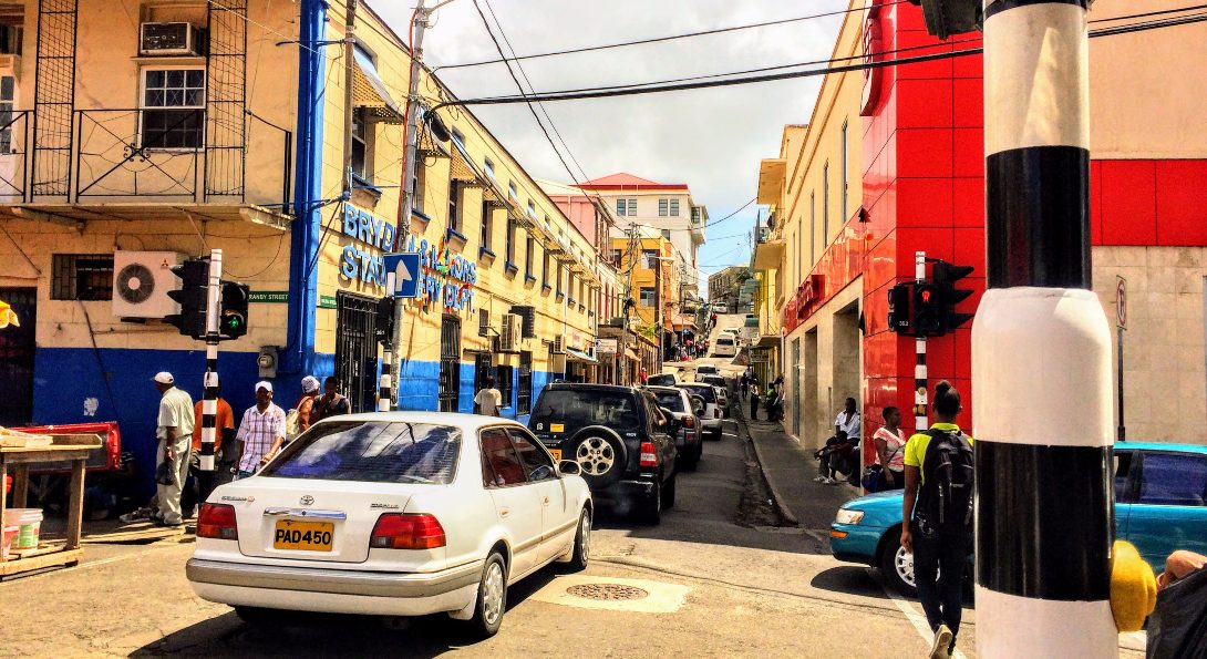 Cars drive through an intersection on Granby Street in St. George, the capital of Grenada.