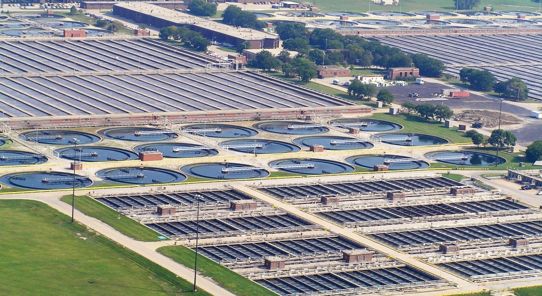 An aerial view of the Stickney Water Reclamation Plant in Cicero, Illinois.
