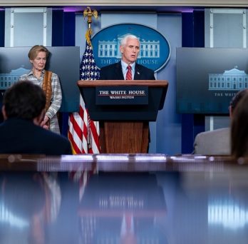 Vice President Mike Pence speaks at a podium during a Coronavirus Task Force press briefing.
                  
