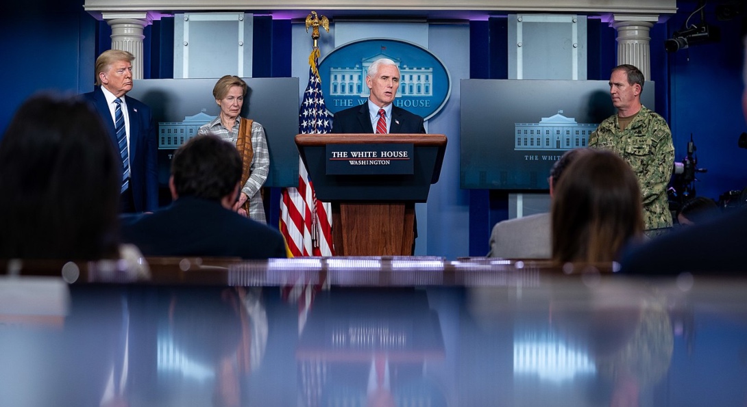 Vice President Mike Pence speaks at a podium during a Coronavirus Task Force press briefing.