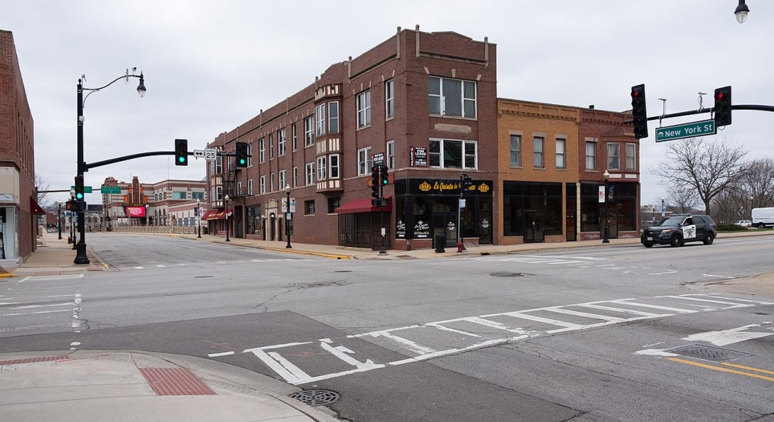 An empty downtown intersection in Aurora, Illinois.