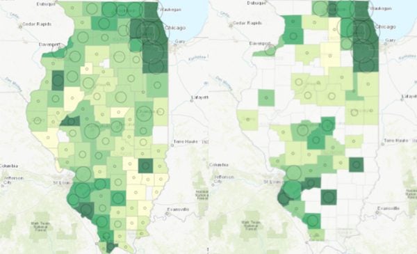 Maps of Illinois showing COVID-19 cases and deaths by county across Illinois.