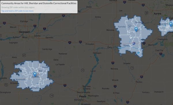 A map showing the locations of Illinois correctional facilities.