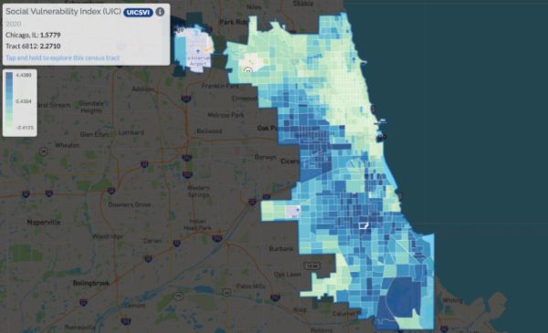 A map showing social vulnerability indexes by Chicago census tract.